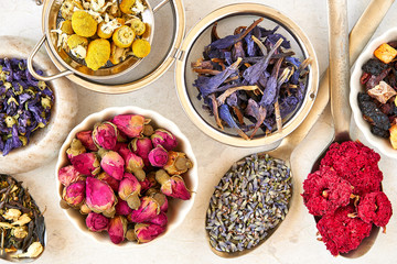 Set of herbal and fruit dry teas