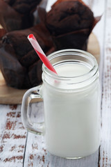 Chocolate muffins and a jar of milk	