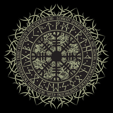 Old circle scandinavian runic grunge symbol isolated on black background