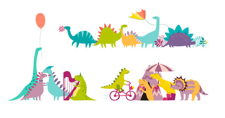 Dinosaurus party doodle hand drawn vector illustration set. Cute dinos illustrations collection. Happy T-rex character cartoon card isolated on white backgroundet