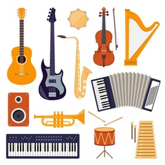 Flat design musical instruments, set of icons. Guitar, synthesizer, violin, cello, drum, cymbals, saxophone, accordion, tambourine, trumpet, harp, loudspeaker.