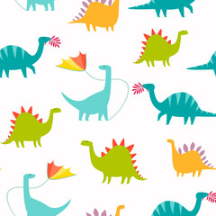 Dinosaur seamless pattern vector illustration. Cute T-rex cartoon style. Dino colorful character background