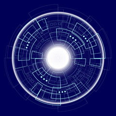 Futuristic circle on dark blue background and illuminated centre, digital concept