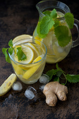Home refreshing detox water with lemon, mint, ginger and ice.