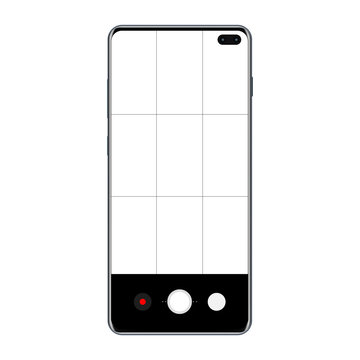 Modern Frameless Smartphone With Mobile Camera App Screen Template. Vector Illustration