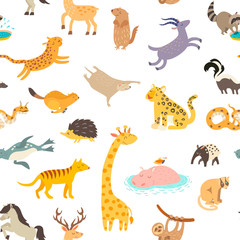 Funny animals hand drawn vector seamless pattern. Cute mammals, reptiles and birds background