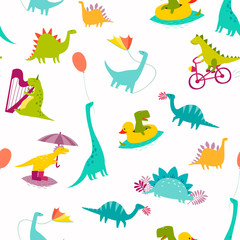 Dinosaur seamless pattern vector illustration. Cute T-rex cartoon style. Dino colorful character background