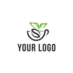 monoline, minimalist logo template of coffee cup combined wiht leaf