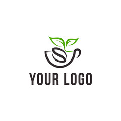 monoline, minimalist logo template of coffee cup combined wiht leaf