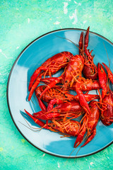 Red Crayfish or Lobster on Blue Plate, Top View
