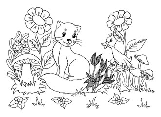 Vector illustration zentangl. The kitten plays with the duckling in the meadow. Coloring book. Antistress for adults and children. The work was done in manual mode. Black and white.