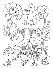 Vector illustration zentangl. The duckling settled on the mushroom among the daisies. Coloring book. Antistress for adults and children. Black and white.