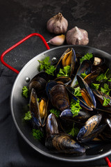 Cooked Mussels with GArlic and Fresh Parsley in Saucepan