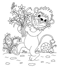 Vector illustration zentangl. Lion comes with a bouquet of flowers on the way. Coloring book. Antistress for adults and children. The work was done in manual mode. Black and white.