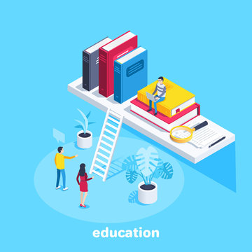 isometric vector image on a blue background, a shelf with books and people working at a laptop, library or university education