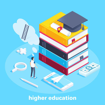 isometric vector image on a blue background, a young man stands near the high pile of books on which lies the bachelor's cap, the desire to get an education