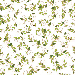 Vector illustration. Seamless pattern from leaves and ornament on a light green background.