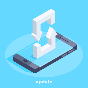 isometric vector image on a blue background, smartphone and arrows turning one on one in a circle, data exchange or application update