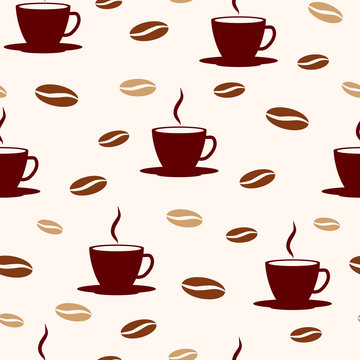 Vector illustration. Seamless pattern on a light background, set of hot cups of coffee and grains.