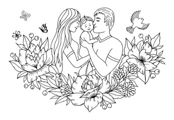 Fototapeta na wymiar Vector illustration zentangl. Family with baby on hands among the flowers. Coloring book. Antistress for adults and children. Black and white.