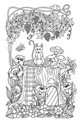 Vector illustration zentangl. The child in the father's hand among the flowers. Coloring book. Antistress for adults and children. The work was done in manual mode. Black and white.