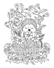 Vector illustration zentangle. Hedgehog in a clearing with a basket of flowers. Coloring book. Antistress for adults and children. The work was done in manual mode. Black and white.