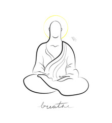 vector minimal illustration of a monk sitting in yoga pose, decorated with yellow nimbus and augmented with Breathe sign.