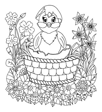 Vector illustration of a zentangle in a basket among the flowers of a chicken hatched from an egg. The work is done manually. The book is a coloring book for adults and children. Black and white.