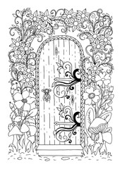 Fairy-tale door among the flowers. The vector illustration of the zentangl. Coloring page. Antistress for adults and children.