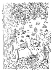 Vector illustration zentangl. A girl under the tree in the meadow reads a book, hare and squirrel. Coloring book. Anti Stress for adults and children. The work is done in manual mode. Black and white.