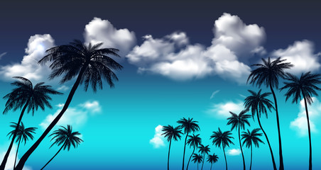Obraz na płótnie Canvas Summer sunset palm trees. Beatiful tropical, exotic wit clouds in sky.Vector illustration. EPS 10
