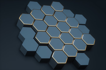Dark hexagonal platforms connected together background, 3d rendering