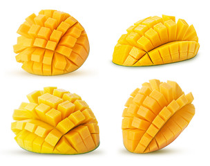 Set mango exotic friut cut in half cubes - obrazy, fototapety, plakaty