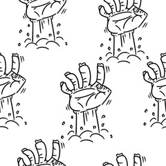 Zombie doodle hand coming out from grave seamless pattern.