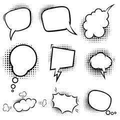 Set of empty comic style speech bubbles with halftone shadows. Design element for poster, emblem, sign, banner, flyer. Vector illustration