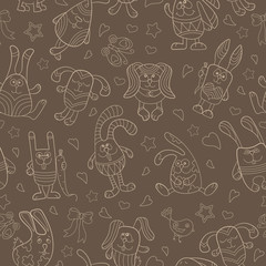 Seamless pattern with contour images of cartoon rabbits ,  beige outline on a brown background