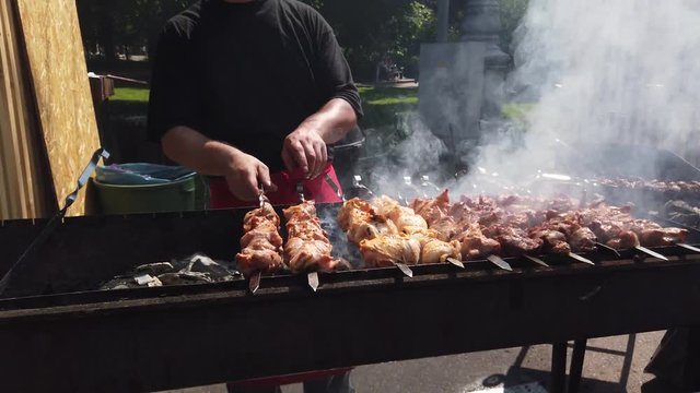 Grilling Pork Kebab On Skewers At Bbq