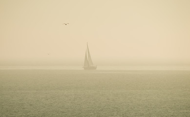 sailboat in summer fog at noon on the beach of Näset Gothenburg Sweden