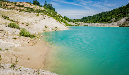 Volkovysk chalk pits or Belarusian Maldives  beautiful saturated blue lakes. Famous chalk quarries near Vaukavysk, Belarus. Developed for the needs of Krasnaselski plant construction materials.