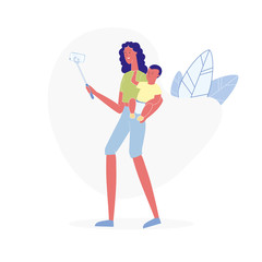 Mom with Baby Takes Photo Flat Vector Illustration