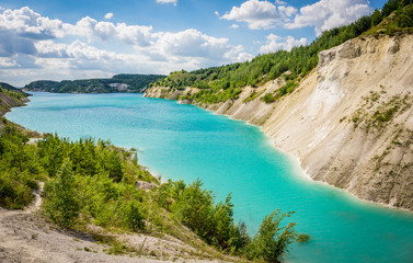 Volkovysk chalk pits or Belarusian Maldives  beautiful saturated blue lakes. Famous chalk quarries near Vaukavysk, Belarus. Developed for the needs of Krasnaselski plant construction materials.