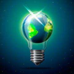 Vector illustration of earth in space like idea bulb. Place of creation. Mockup for creative advertisement.
