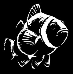 black and white linear paint draw clown fish illustration art