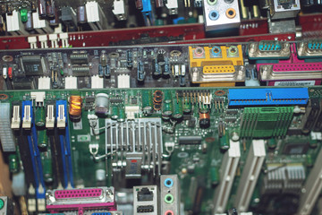 Many PC Computer motherboards. Circuit cpu chip mainboard core processor electronics devices. Old...