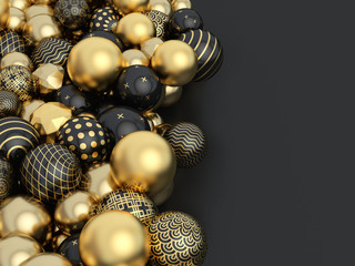 Patterned golden and black christmas balls on dark background with blank copy space. 3d illustration.