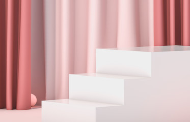 Luxury display backdrop with empty white cube box stairs. Luxury scene. 3d render pink background.