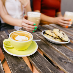 Women enjoy having a cup of coffee at cafe together. People communication, friendship, eat and drink