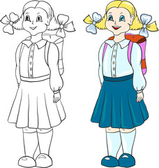 Set of vector girls with school theme - coloring variant and colorful one