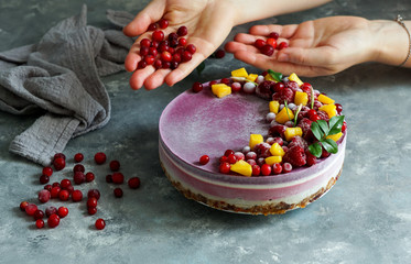 vegan raw cake with berries, healthy consept. sugar free.  gluten free