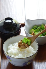 納豆とオクラの朝ごはん　和食　納豆オクラ